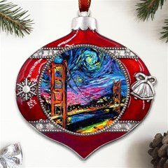 Golden Gate Bridge Starry Night Vincent Van Gogh Metal Snowflake And Bell Red Ornament