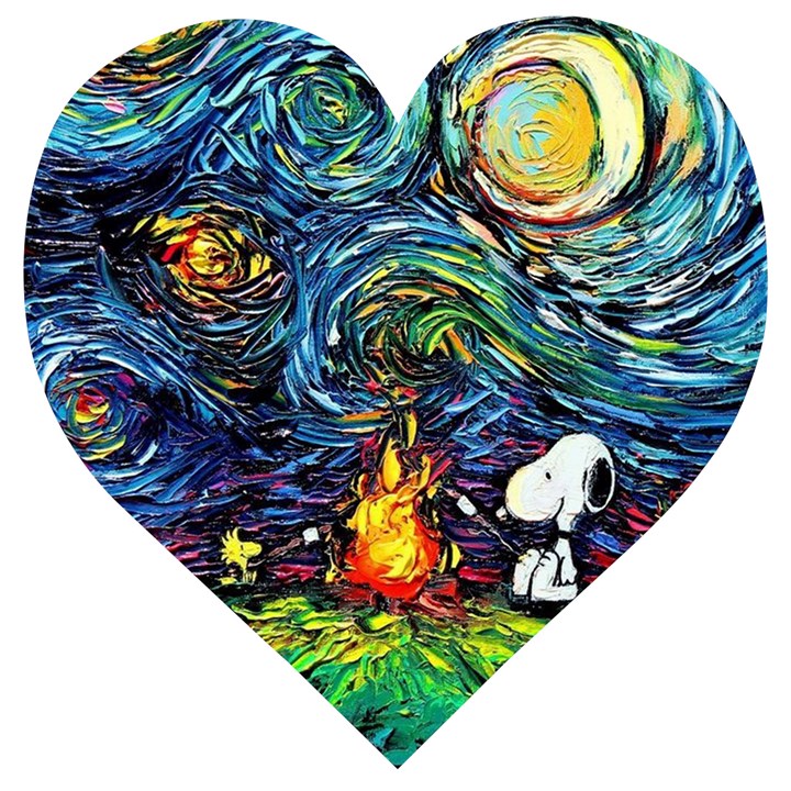 Dog Cartoon Starry Night Print Van Gogh Parody Wooden Puzzle Heart