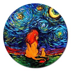 Lion Art Starry Night Van Gogh Magnet 5  (round) by Modalart