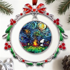 Dog Cartoon Starry Night Print Van Gogh Parody Metal X mas Wreath Ribbon Ornament