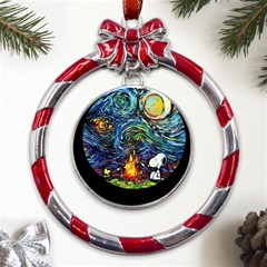 Dog Cartoon Starry Night Print Van Gogh Parody Metal Red Ribbon Round Ornament by Modalart