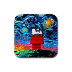 Red House Dog Cartoon Starry Night Rubber Square Coaster (4 Pack) by Modalart