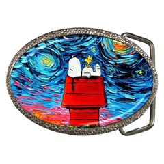 Red House Dog Cartoon Starry Night Belt Buckles by Modalart