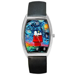 Red House Dog Cartoon Starry Night Barrel Style Metal Watch by Modalart