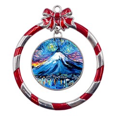 Mount Fuji Art Starry Night Van Gogh Metal Red Ribbon Round Ornament