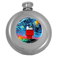 Red House Dog Cartoon Starry Night Round Hip Flask (5 Oz) by Modalart