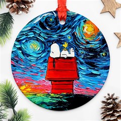 Red House Dog Cartoon Starry Night Round Ornament (two Sides)