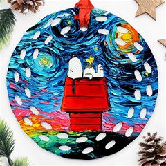 Red House Dog Cartoon Starry Night Ornament (round Filigree)