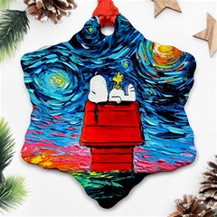 Red House Dog Cartoon Starry Night Snowflake Ornament (two Sides)