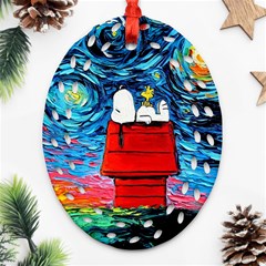 Red House Dog Cartoon Starry Night Ornament (oval Filigree)