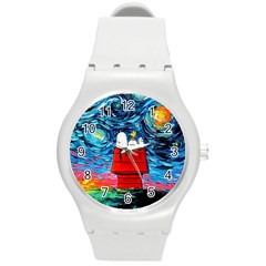 Red House Dog Cartoon Starry Night Round Plastic Sport Watch (m) by Modalart