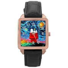 Red House Dog Cartoon Starry Night Rose Gold Leather Watch  by Modalart