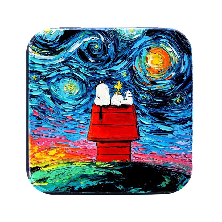 Red House Dog Cartoon Starry Night Square Metal Box (Black)