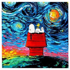 Red House Dog Cartoon Starry Night Wooden Puzzle Square by Modalart