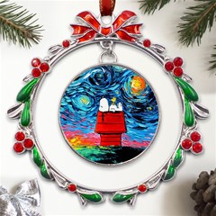 Red House Dog Cartoon Starry Night Metal X mas Wreath Ribbon Ornament