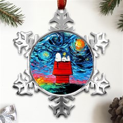 Red House Dog Cartoon Starry Night Metal Small Snowflake Ornament by Modalart