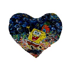 Art Cartoon Starry Night Van Gogh Standard 16  Premium Flano Heart Shape Cushions by Modalart