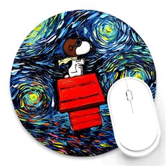 Dog Flying House Cartoon Starry Night Vincent Van Gogh Parody Round Mousepad by Modalart