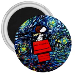 Dog Flying House Cartoon Starry Night Vincent Van Gogh Parody 3  Magnets by Modalart