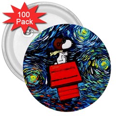 Dog Flying House Cartoon Starry Night Vincent Van Gogh Parody 3  Buttons (100 Pack)  by Modalart