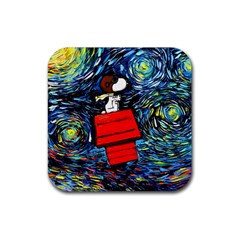 Dog Flying House Cartoon Starry Night Vincent Van Gogh Parody Rubber Coaster (square) by Modalart