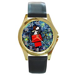 Dog Flying House Cartoon Starry Night Vincent Van Gogh Parody Round Gold Metal Watch by Modalart