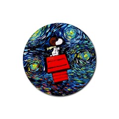 Dog Flying House Cartoon Starry Night Vincent Van Gogh Parody Rubber Coaster (round) by Modalart