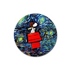 Dog Flying House Cartoon Starry Night Vincent Van Gogh Parody Magnet 3  (round) by Modalart