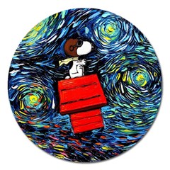 Dog Flying House Cartoon Starry Night Vincent Van Gogh Parody Magnet 5  (round) by Modalart