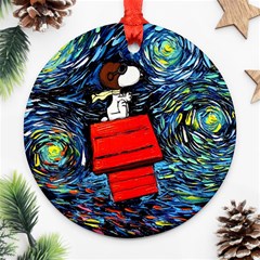 Dog Flying House Cartoon Starry Night Vincent Van Gogh Parody Round Ornament (two Sides)