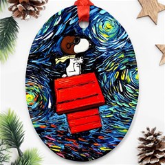 Dog Flying House Cartoon Starry Night Vincent Van Gogh Parody Oval Ornament (two Sides) by Modalart