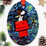 Dog Flying House Cartoon Starry Night Vincent Van Gogh Parody Oval Ornament (Two Sides) Front