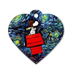 Dog Flying House Cartoon Starry Night Vincent Van Gogh Parody Dog Tag Heart (one Side) by Modalart