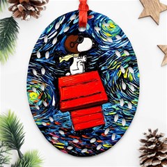 Dog Flying House Cartoon Starry Night Vincent Van Gogh Parody Oval Filigree Ornament (two Sides) by Modalart