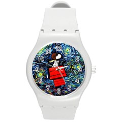 Dog Flying House Cartoon Starry Night Vincent Van Gogh Parody Round Plastic Sport Watch (m) by Modalart