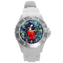 Dog Flying House Cartoon Starry Night Vincent Van Gogh Parody Round Plastic Sport Watch (l) by Modalart