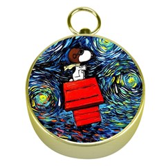 Dog Flying House Cartoon Starry Night Vincent Van Gogh Parody Gold Compasses by Modalart