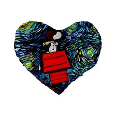 Dog Flying House Cartoon Starry Night Vincent Van Gogh Parody Standard 16  Premium Flano Heart Shape Cushions by Modalart