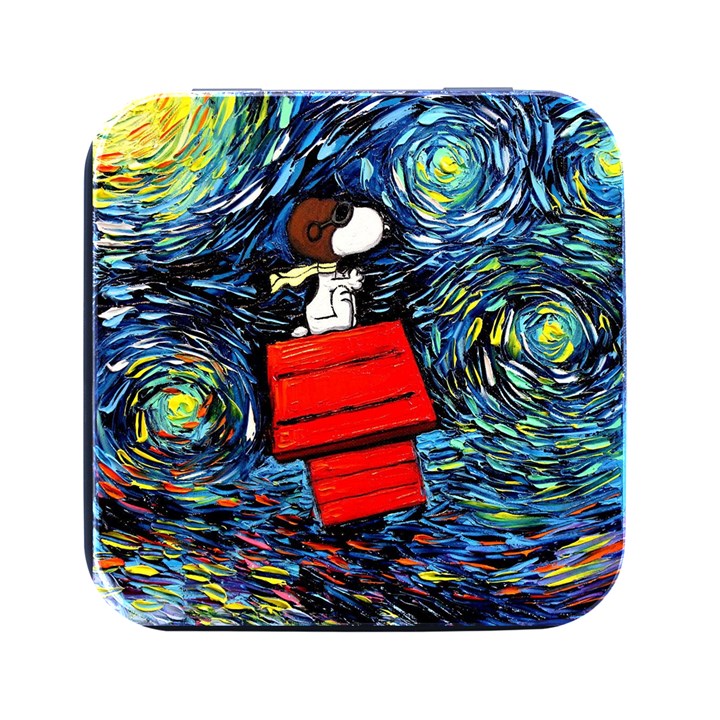 Dog Flying House Cartoon Starry Night Vincent Van Gogh Parody Square Metal Box (Black)