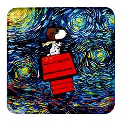 Dog Flying House Cartoon Starry Night Vincent Van Gogh Parody Square Glass Fridge Magnet (4 Pack) by Modalart