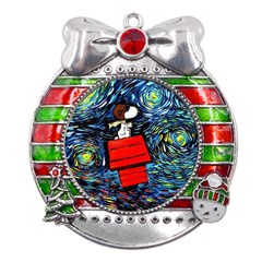 Dog Flying House Cartoon Starry Night Vincent Van Gogh Parody Metal X mas Ribbon With Red Crystal Round Ornament by Modalart