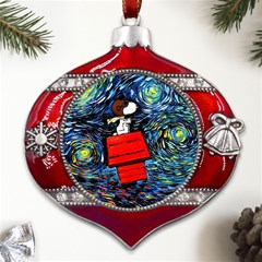 Dog Flying House Cartoon Starry Night Vincent Van Gogh Parody Metal Snowflake And Bell Red Ornament