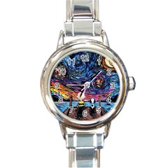 Cartoon Dog Vincent Van Gogh s Starry Night Parody Round Italian Charm Watch by Modalart