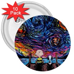 Cartoon Dog Vincent Van Gogh s Starry Night Parody 3  Buttons (10 Pack)  by Modalart