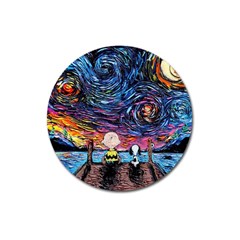 Cartoon Dog Vincent Van Gogh s Starry Night Parody Magnet 3  (round) by Modalart