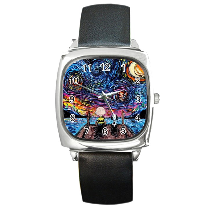 Cartoon Dog Vincent Van Gogh s Starry Night Parody Square Metal Watch