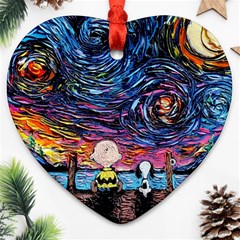 Cartoon Dog Vincent Van Gogh s Starry Night Parody Heart Ornament (two Sides)