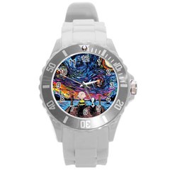 Cartoon Dog Vincent Van Gogh s Starry Night Parody Round Plastic Sport Watch (l) by Modalart