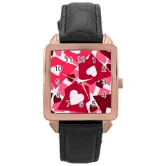 Pink Hearts Pattern Love Shape Rose Gold Leather Watch  by Pakjumat