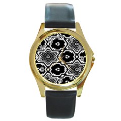 Black And White Pattern Background Structure Round Gold Metal Watch by Pakjumat